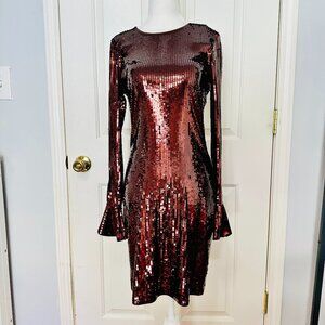 MICHAEL KORS CORDOVAN SEQUINED FITTED BODYCON LONG SLEEVE BROWN DRESS SMALL $225